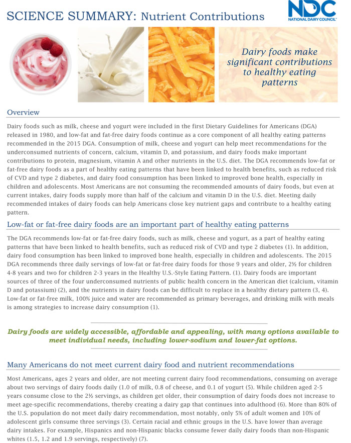 Science Summary Dairy & Nutrient Contributions U.S. Dairy